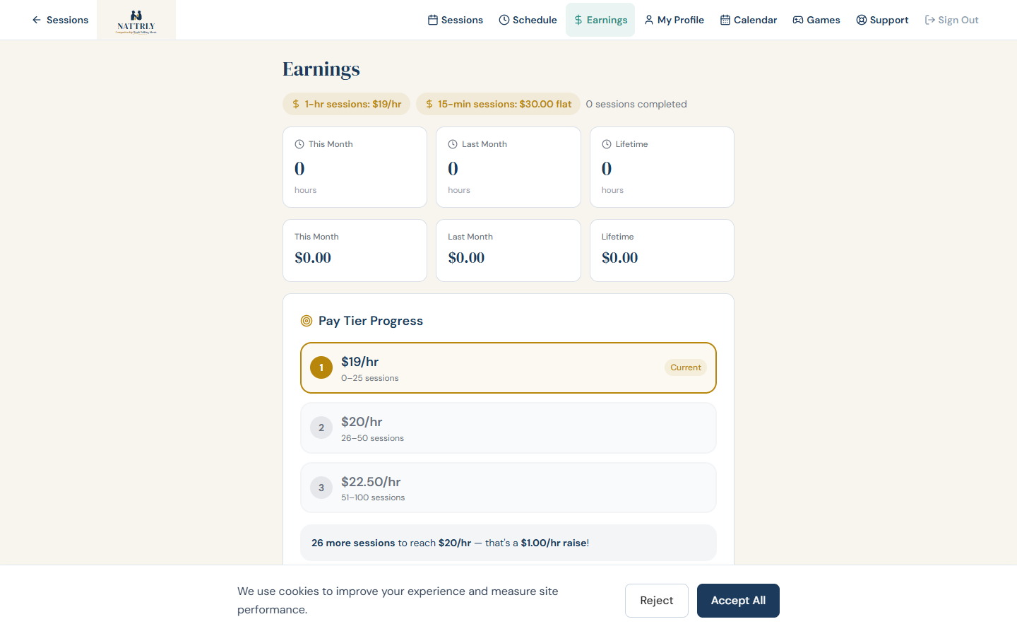 Earnings dashboard showing total and monthly earnings