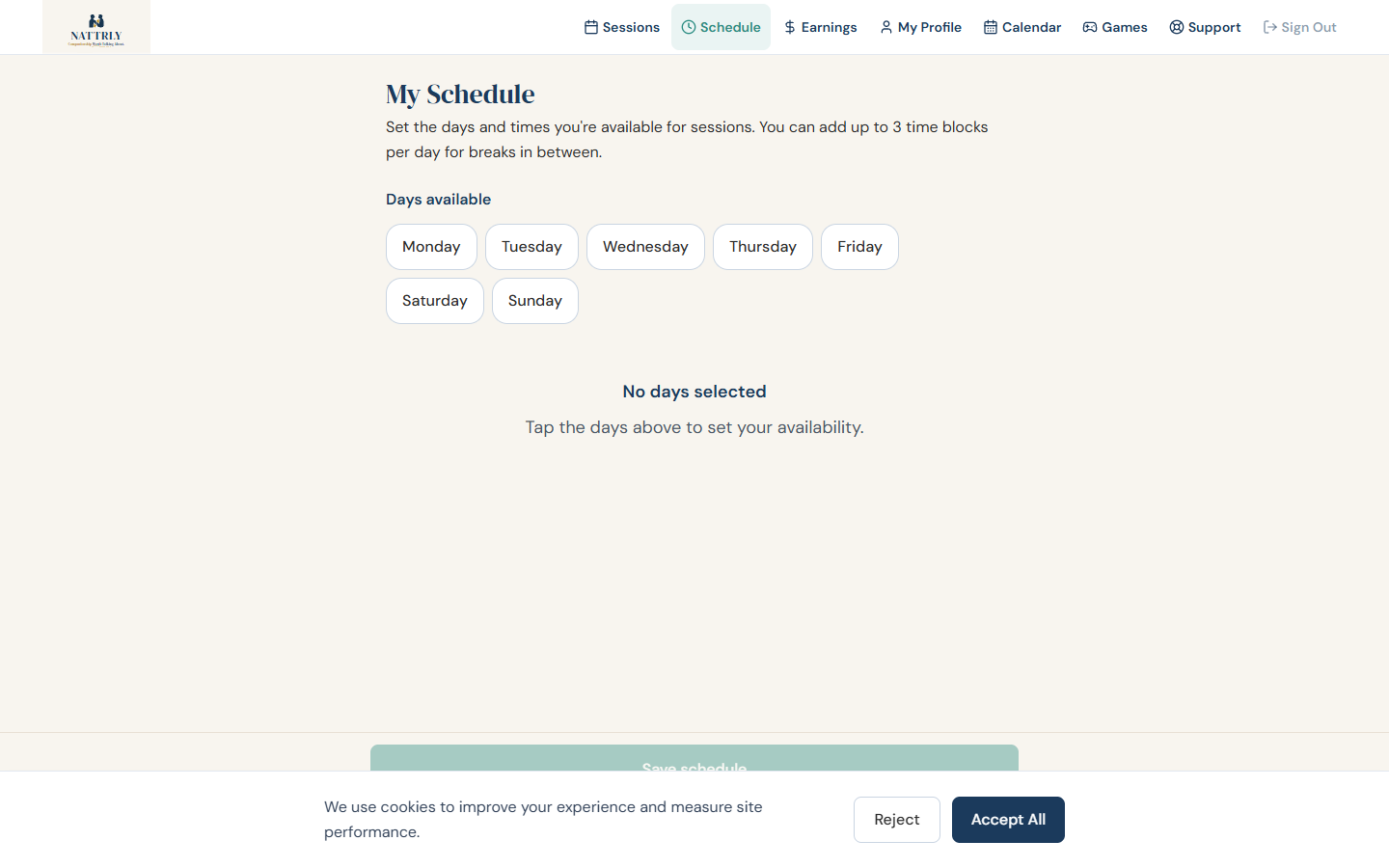 Schedule page for setting availability