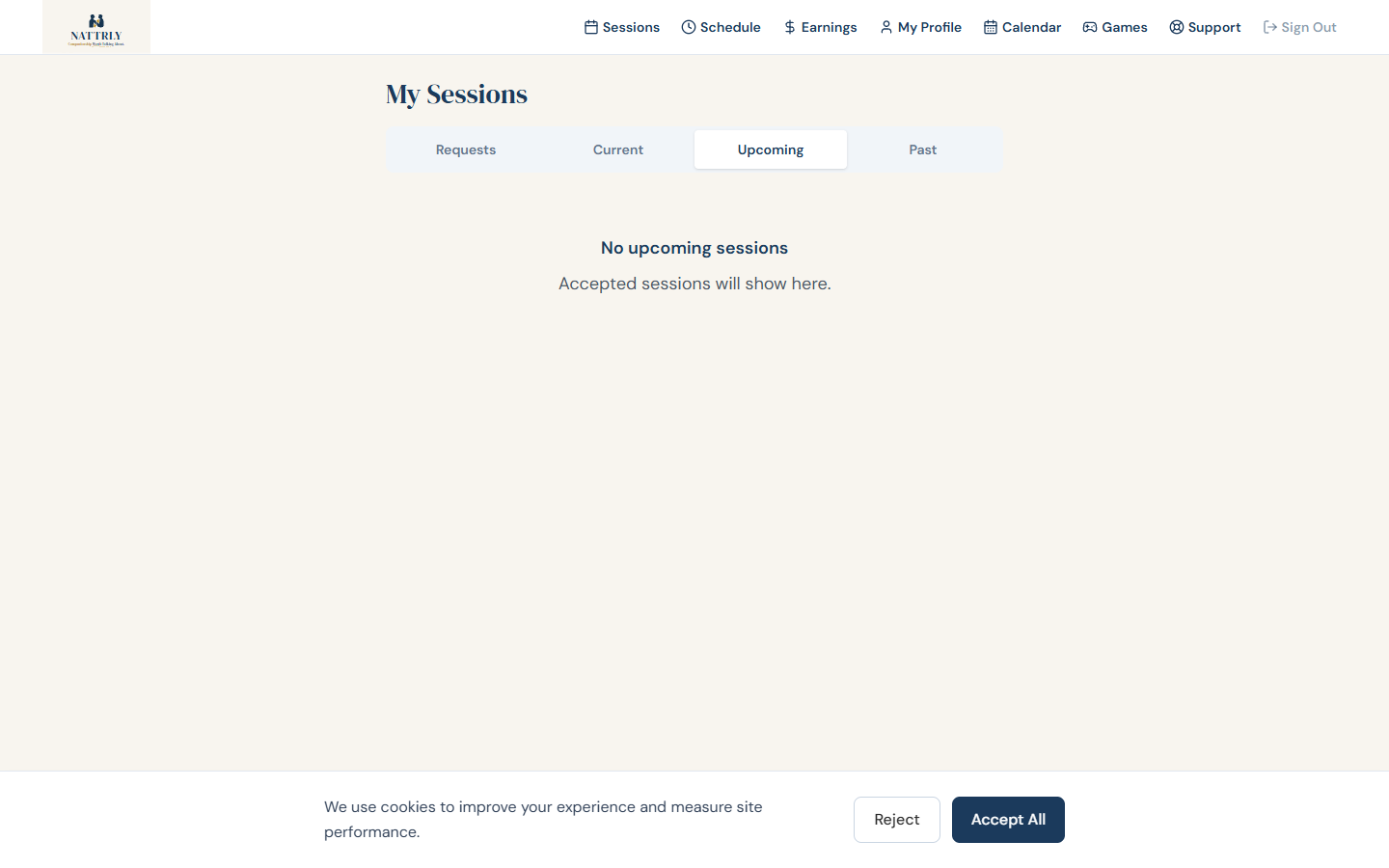 Sessions page with booking requests