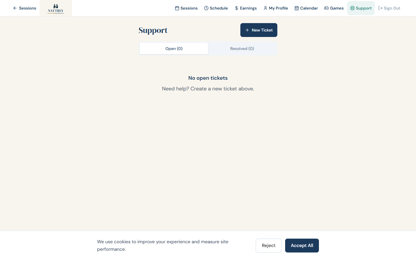Support tickets page