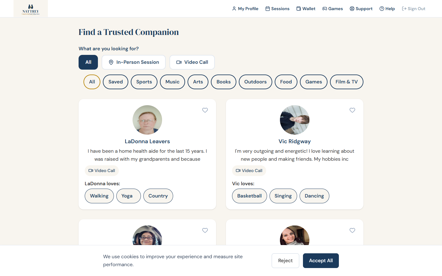 Find a Trusted Companion — browse page showing companion cards with interest matching
