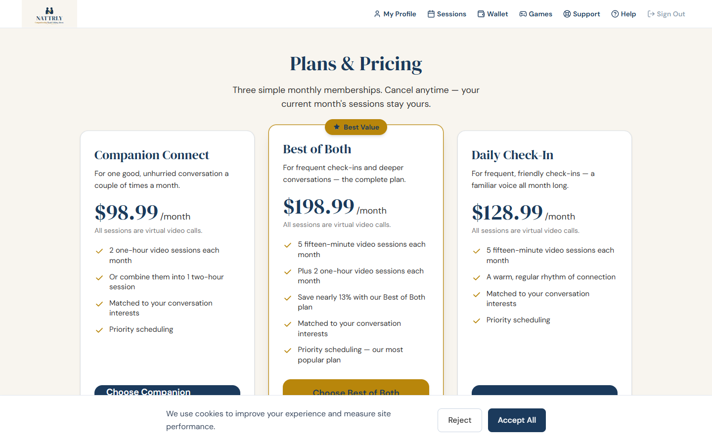 Plans and Pricing — three monthly membership plans
