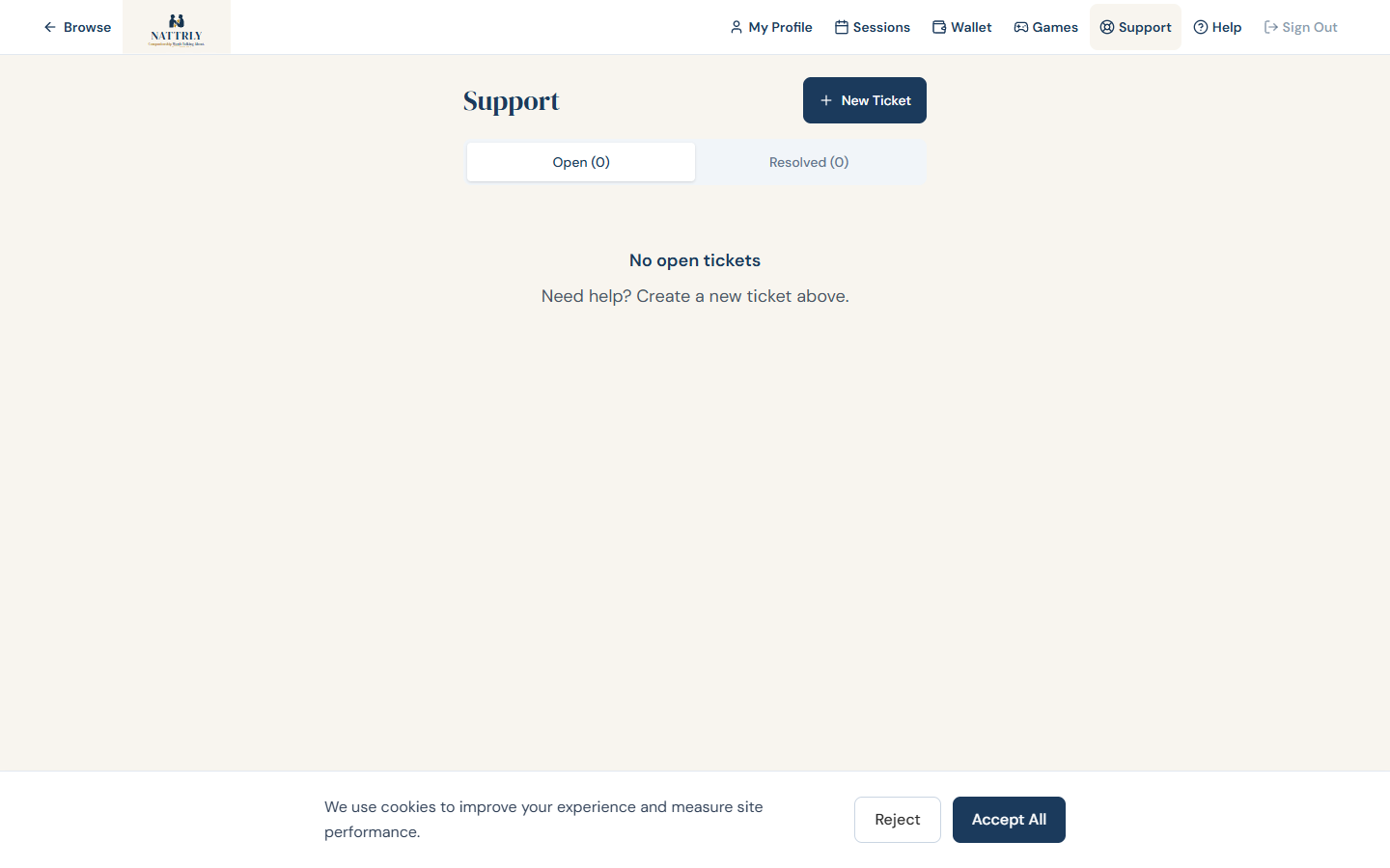 Support tickets page